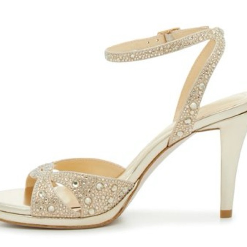 Elegant 6 Gold champagne jessica Simpson Strappy Heels jarilyn3 shimmer sand - Picture 2 of 9